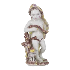 Antique 18th Century French Tin Glaze Faience Delft Four Seasons Figure Emblematic of Winter