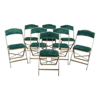 Mid 20th Century A. Fritz + Co Mid Century Gold Frame & Green Velvet Metal Folding Chairs Modern For Sale