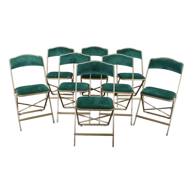 Mid 20th Century A. Fritz + Co Mid Century Gold Frame & Green Velvet Metal Folding Chairs Modern For Sale