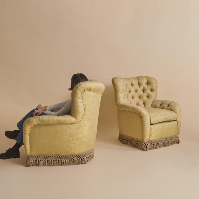 Mid-Century Modern 20th Century Italian Yellow Tufted Club Armchair - 2 Available For Sale - Image 3 of 11