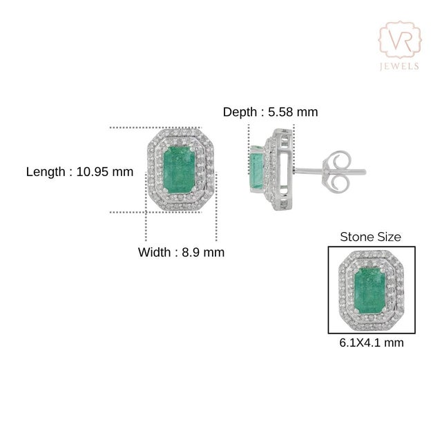 1.3Ct Emerald and Diamond Double Halo Stud Earrings in 14k Gold- A Pair For Sale - Image 12 of 16