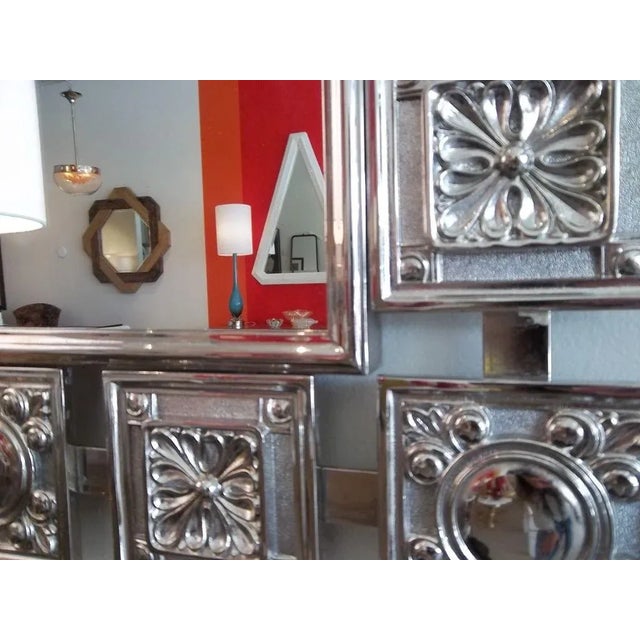 Vintage Mid Century Modern Nickeled Silver Over Brass Wall Mirror With Raised Designs For Sale - Image 4 of 6