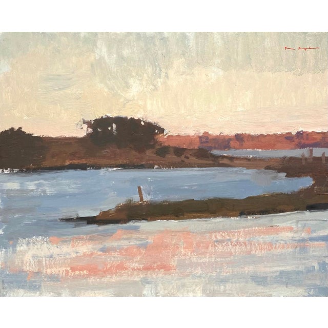 Island Sunset by Riley Doyle | Oil on Panel Landscape of an island at sunset over water. For Sale