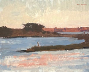 Island Sunset by Riley Doyle | Oil on Panel Landscape of an island at sunset over water.