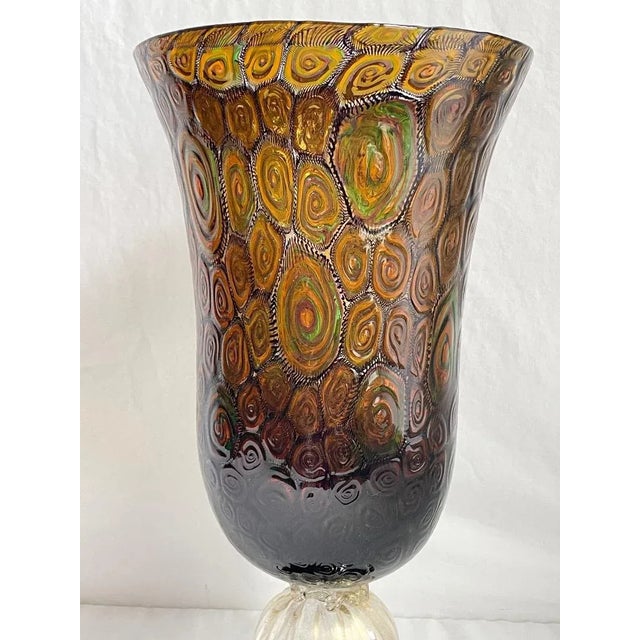 Traditional Large Collectible, Hand-Blown Amber-Colored Murano Art Glass Vase With Green and Purple Murrine by Master Glassblower Adriano Dalla Valentina For Sale - Image 3 of 18