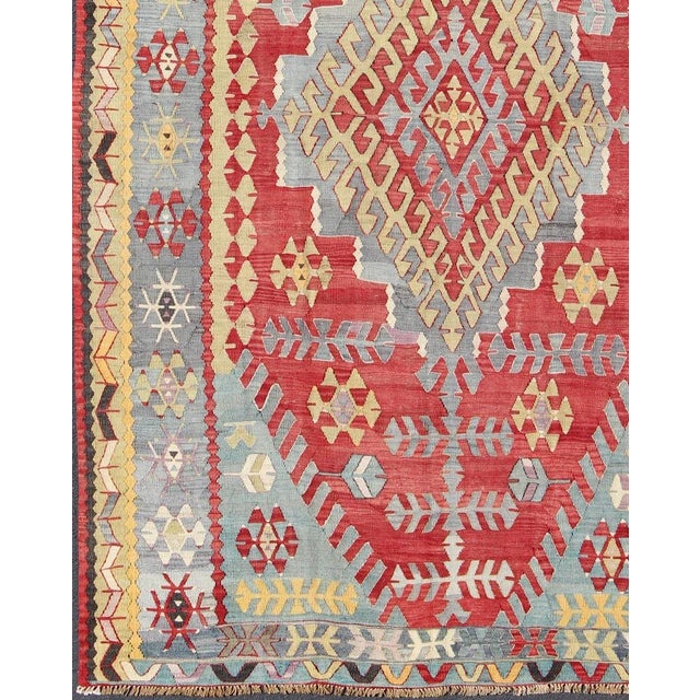 Turkish Vintage Turkish Kilim Flat-Weave Rug With Geometric Design in Red, Yellow, Green For Sale - Image 3 of 12