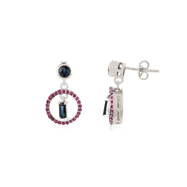Art Deco Caratandher Modernist Sterling Silver Ruby & Blue Sapphire Circle Drop Earrings- 2 Pieces For Sale - Image 3 of 9