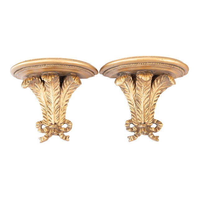 Vintage Italian Gilt Feathers & Bows Wall Brackets - A Pair For Sale