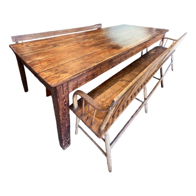 Early 20th Century 3 Piece Primitive Farm Dining Set With Long Table and Benches For Sale
