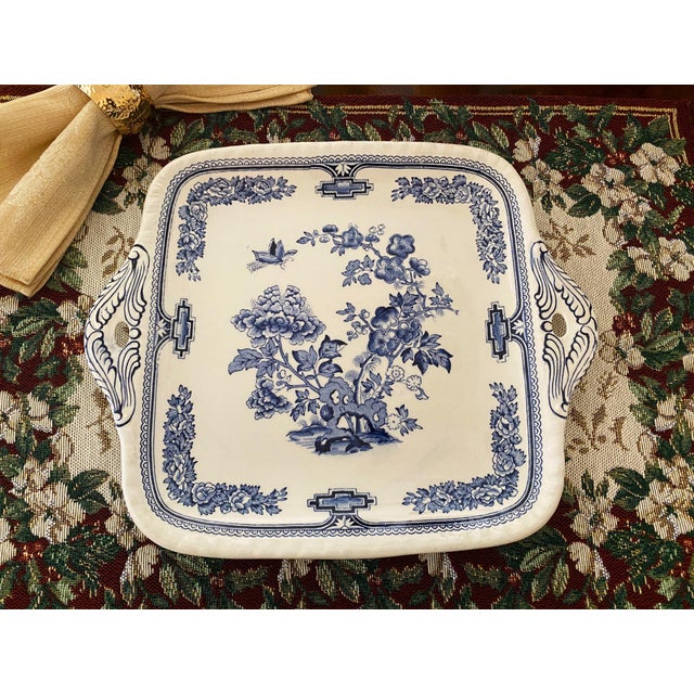 1930's Mason's Ironstone Cake Plate/Tray, Chinoiserie Pattern, Manchu Blue- Square, Tab Handles For Sale In Philadelphia - Image 6 of 14