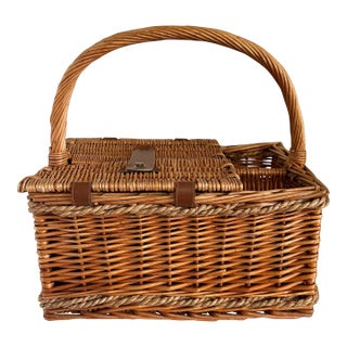 Vintage Wicker Picnic Basket and Wine Carrier For Sale