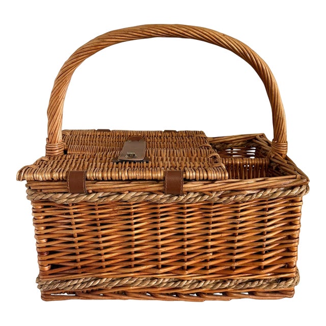 Vintage Wicker Picnic Basket and Wine Carrier For Sale