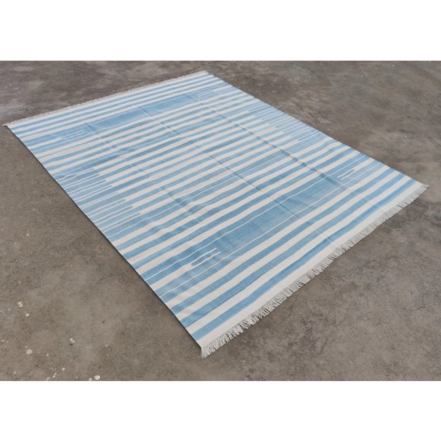 Sky Blue Handmade Reversible Cotton Vegetable Dyed Blue and White Striped Rug-10'x14' For Sale - Image 8 of 12