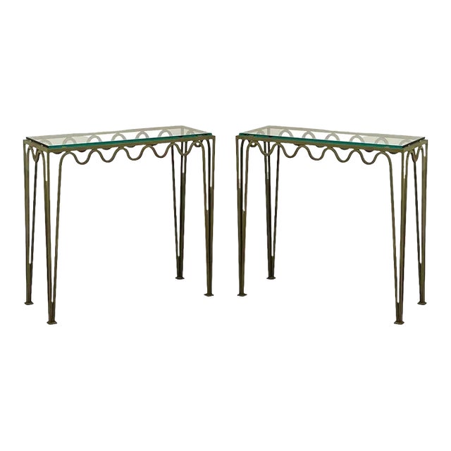 Verdigris 'Meandre' and Glass Consoles by Design Frères - a Pair For Sale