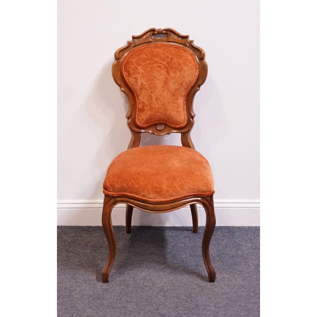 Rococo Vintage Antique Solid Beech Louis XV Victorian Rococo Revival Accent Side Chair W. Embossed Velvet Upholstery For Sale - Image 3 of 9