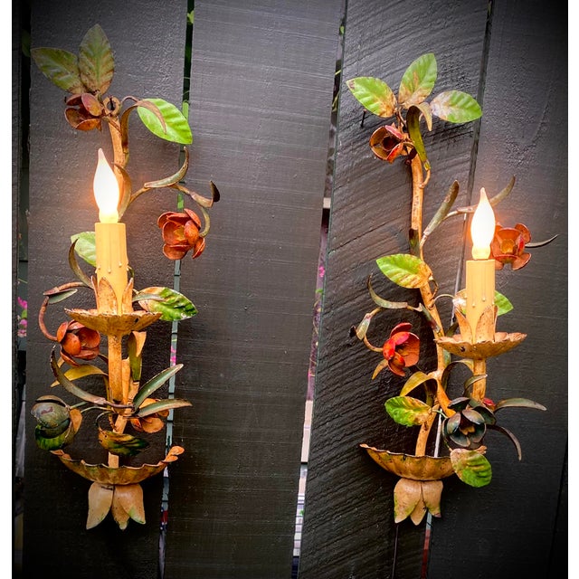 Mid-Century Modern Vintage Italian Hand Painted Hand Crafted Tole Wall Sconces - a Pair For Sale - Image 3 of 18