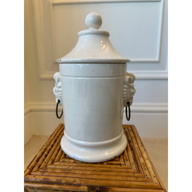 Fabulous Vintage Rustic Ceramic Ginger Jar with Lid. Made in Italy. Handsome lionheads on either side of the jar, with...