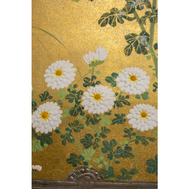 Gold Japanese Rimpa Two-Panel Screen With Chrysanthemums and Silver Twig Fence, Late 19th Century For Sale - Image 8 of 10
