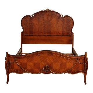 1930's French Louis XV Style Parquetry Carved Walnut Full Bed Frame For Sale