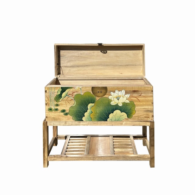 Chinese Lotus Green Leaf Tan Color Rectangular Wood Trunk on Stand For Sale - Image 4 of 7