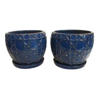 Huge Navy Blue Trellis Pattern Palm Beach Regency Glazed Ceramic Large Planter Pots- a Pair For Sale