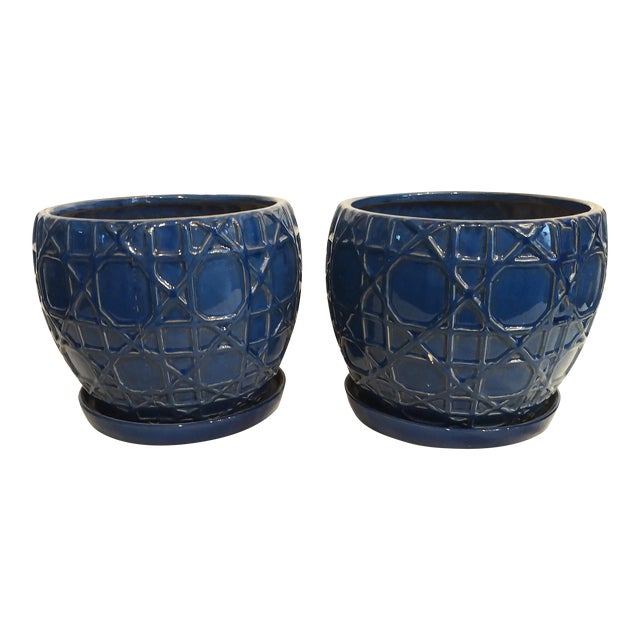 Huge Navy Blue Trellis Pattern Palm Beach Regency Glazed Ceramic Large