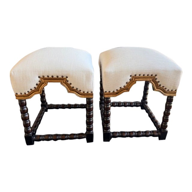 A Pair of Antique White Foot Stools With Gold Accent For Sale