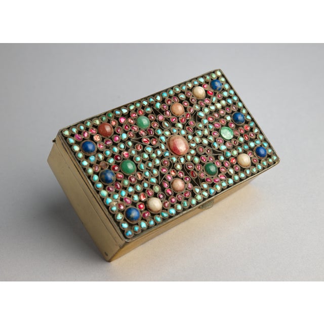 Mid 20th Century Nepalese Style Brass Jewelry Box With Turquoise, Lapis Lazuli & Chalcedony Inlay For Sale - Image 9 of 10