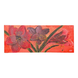 Vibrant abstract red flowers with splashes of green & yellow on box canvas 2007 For Sale
