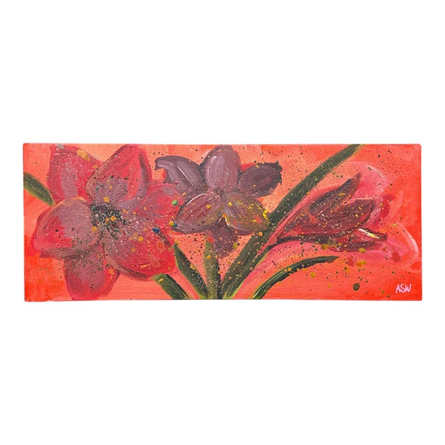 Vibrant abstract red flowers with splashes of green & yellow on box canvas 2007 For Sale