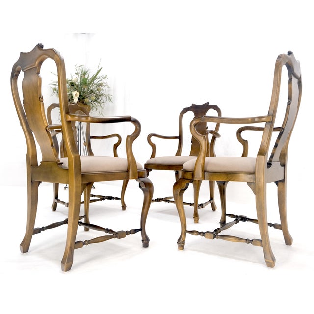 Brass Set of 4 Cherry Queen Ann New Alcantara Suede Upholstery Dining Arm Chairs MINT For Sale - Image 8 of 13