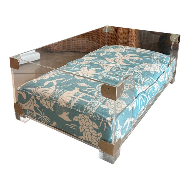 Vintage Palm Beach Lucite & Chrome Pet Dog Bed New Custom Pagoda Cushion For Sale
