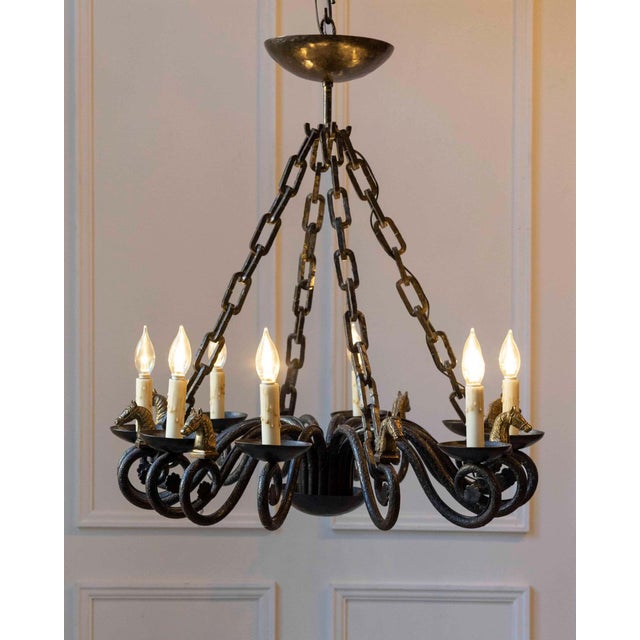 French Mid 20th-Century French Wrought Iron Chandelier with Horse-Head Details For Sale - Image 3 of 11