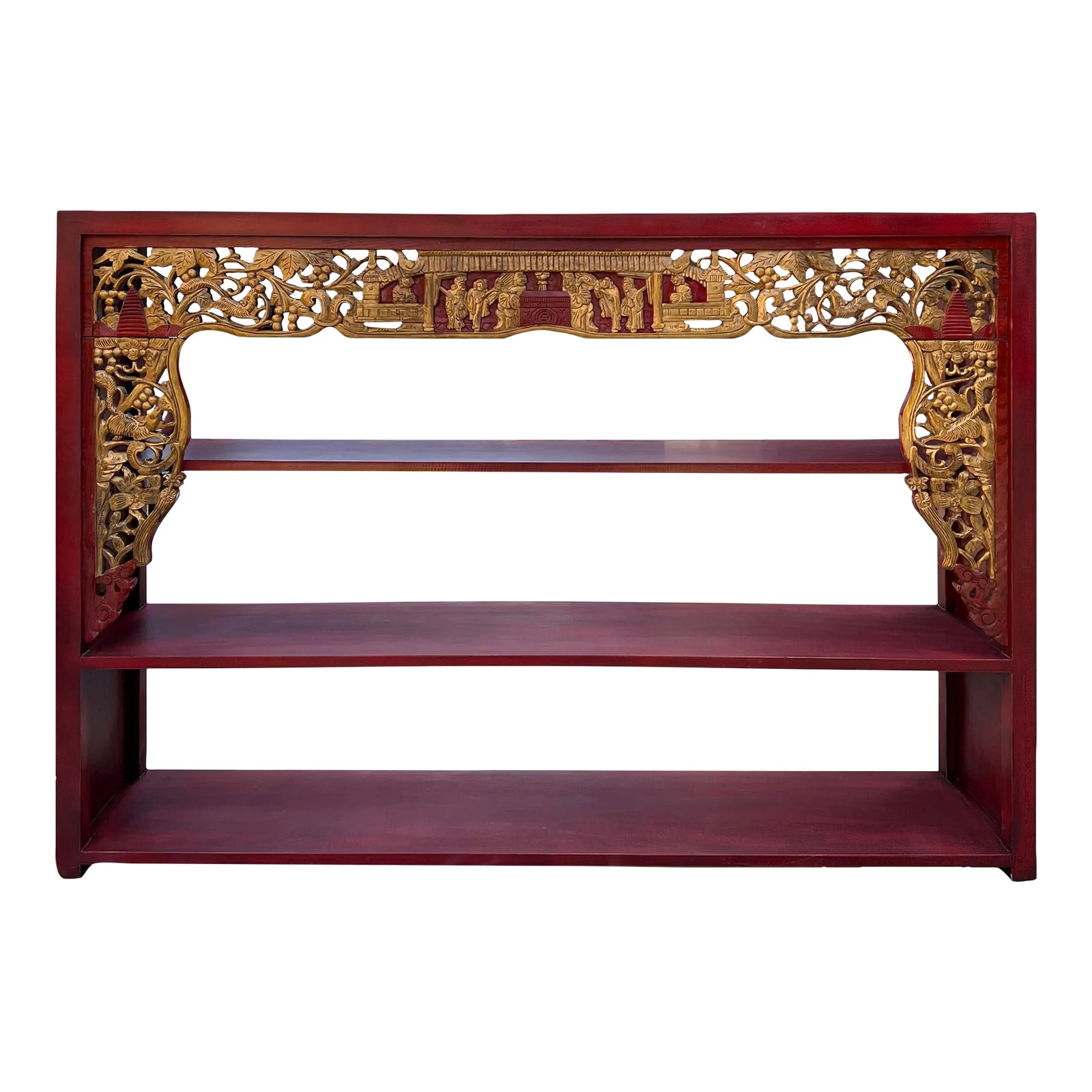 Chinese Red Golden Carving Rectangular Curio Display Stand Side Table ...