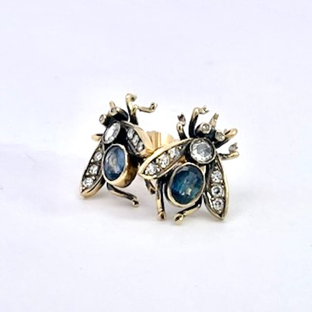 Antique Gold and Silver Bee Earrings With Sapphires and Diamonds, Pair For Sale - Image 12 of 13