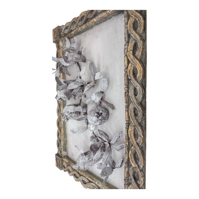 The Ancient Harvest: Paper Mache pomegranate branch set in a partial gilt rolling coin plaster frame. The piece features a...
