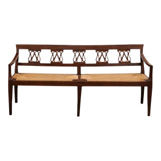 Italian 19th Walnut Bench with Carved Splats, Rush Seat and Tapered Legs For Sale