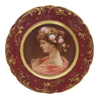 Antique Vienna-Style Portrait Cabinet Plate by Ahne Young Woman With Roses Burgundy & Gilt For Sale
