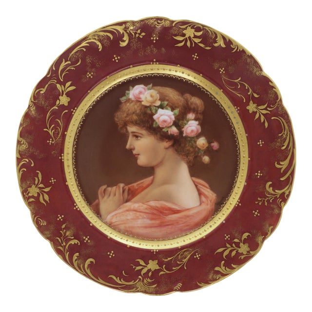Antique Vienna-Style Portrait Cabinet Plate by Ahne Young Woman With Roses Burgundy & Gilt For Sale