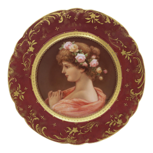 Antique Vienna-Style Portrait Cabinet Plate by Ahne Young Woman With Roses Burgundy & Gilt