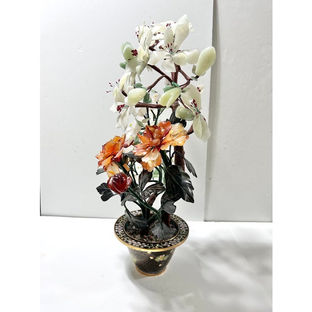 Chinoiserie Large Vintage Chinese Hardstone Bonsai Tree in Cloisonné Planter For Sale - Image 3 of 16