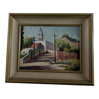 Mid 20th Century Village Scene with Church Painting, Framed For Sale