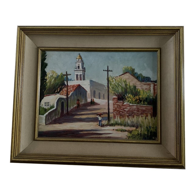 Mid 20th Century Village Scene with Church Painting, Framed For Sale