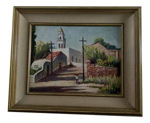 Mid 20th Century Village Scene with Church Painting, Framed
