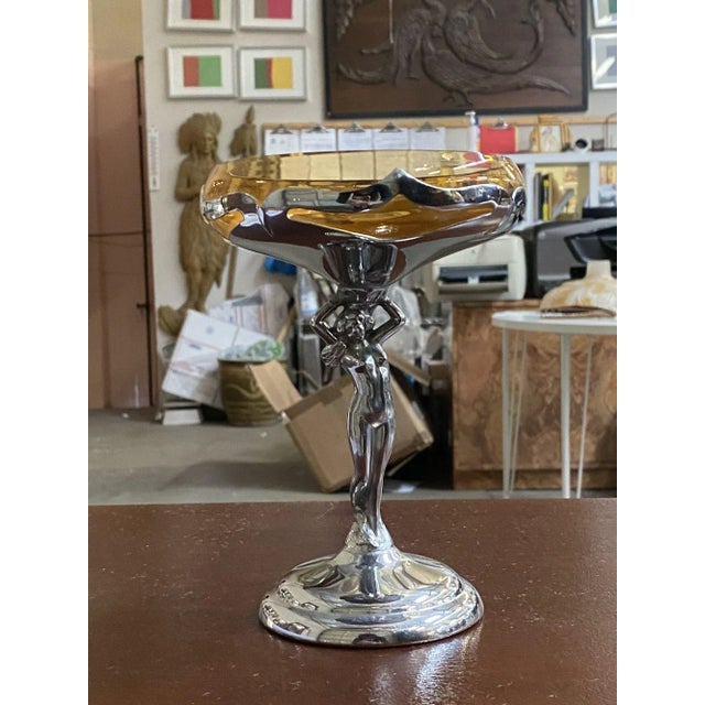 1930s 1930s Chrome Farberware Nude Women Art Deco Compote with Amber Glass Cup For Sale - Image 5 of 11