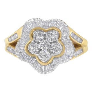 10KT Yellow Gold Round and Baguette Cut Diamond Ballerina Ring (1 cttw, I-J Color, SI1-SI2 Clarity) For Sale