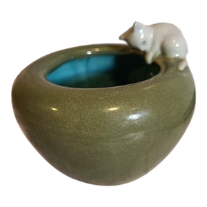 1940s Vintage Glazed Pottery Planter With Cat