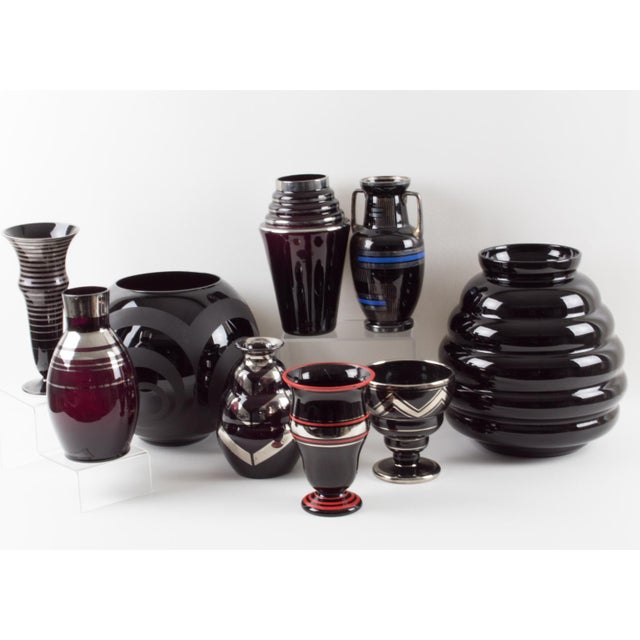 Glass Art Deco Black Glass Vase with Silver Overlay Decor, France 1930s For Sale - Image 7 of 8