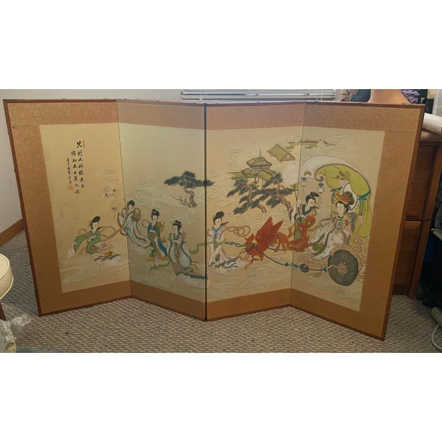 Cream Mid 20th Century Japanese Asian 4 Panel Byobu Screen Signed Phoenix / Lady For Sale - Image 8 of 12