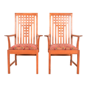 Stickley Mission Arts & Crafts Cherry Wood Armchairs in the Manner of Frank Lloyd Wright, Pair